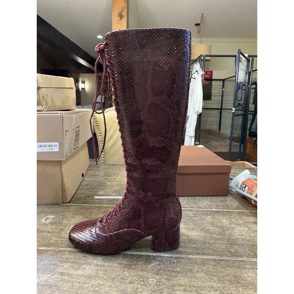 Kate Spade Lake‎ Snake-Embossed Leather Knee High Boots Burgundy  Victorian